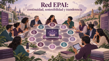 Representantes de distintas universidades colaboran alrededor de una plataforma digital central, unidos mediante una red circular de instituciones que simboliza la continuidad, la cooperación y la transferencia de EPAI entre Europa y América Latina.
